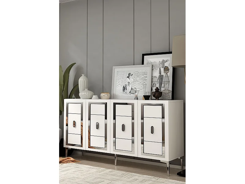 Buffet – 150 cm x 75 cm x 35 cm – Blanc et Argent – ​​MDF