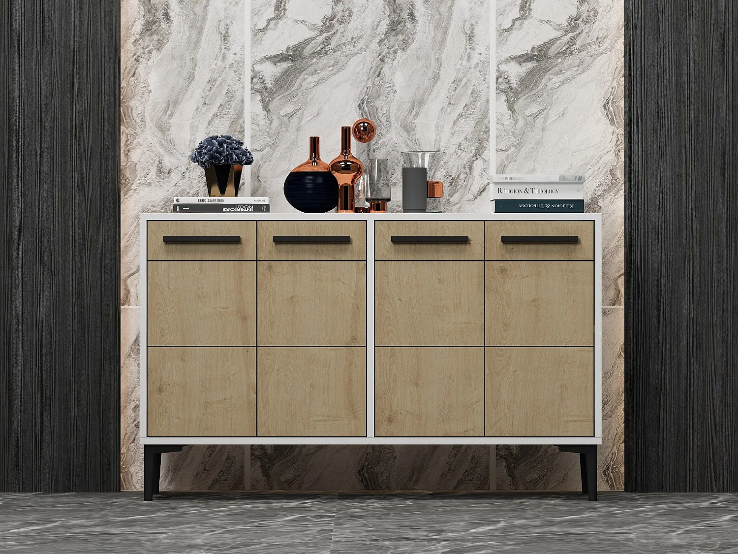 Dressoir – 120cm x 30cm x 75cm – Wit en saffier eiken – MDF