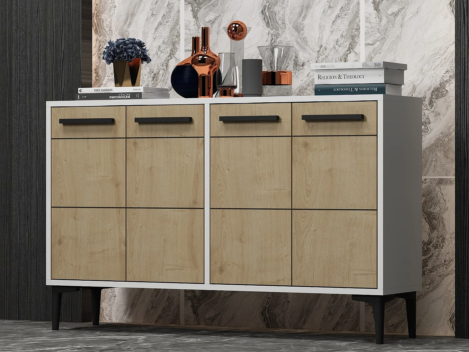 Dressoir – 120cm x 30cm x 75cm – Wit en saffier eiken – MDF