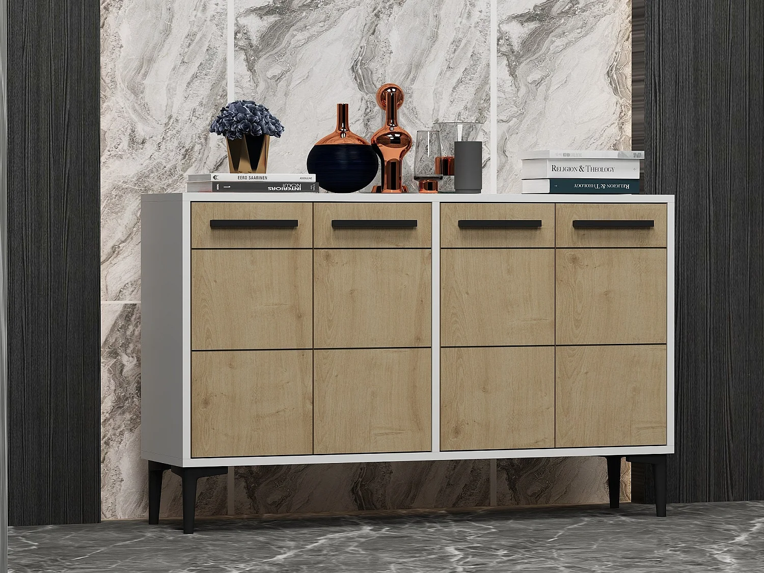 Dressoir – 120cm x 30cm x 75cm – Wit en saffier eiken – MDF