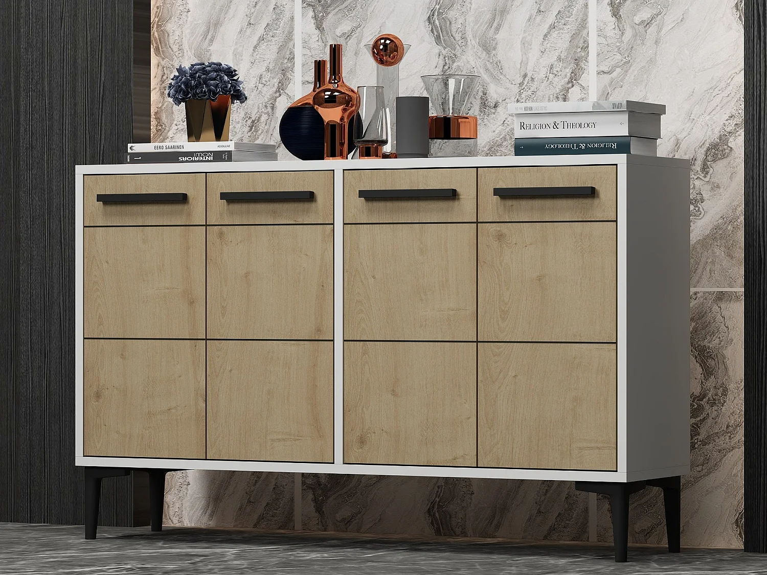 Dressoir – 120cm x 30cm x 75cm – Wit en saffier eiken – MDF