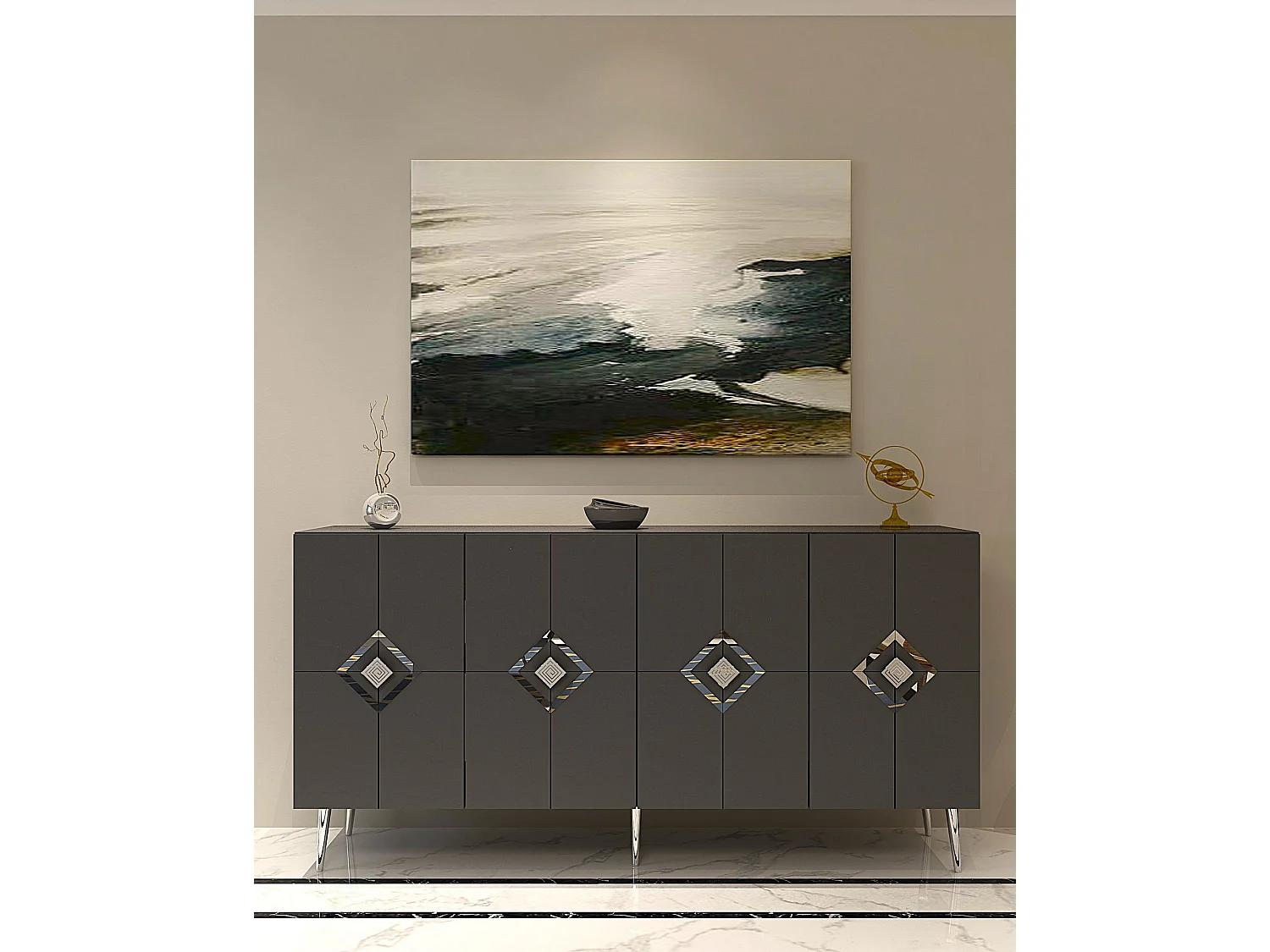 Komoda – 150 cm – Antracyt i srebro – Płyta wiórowa