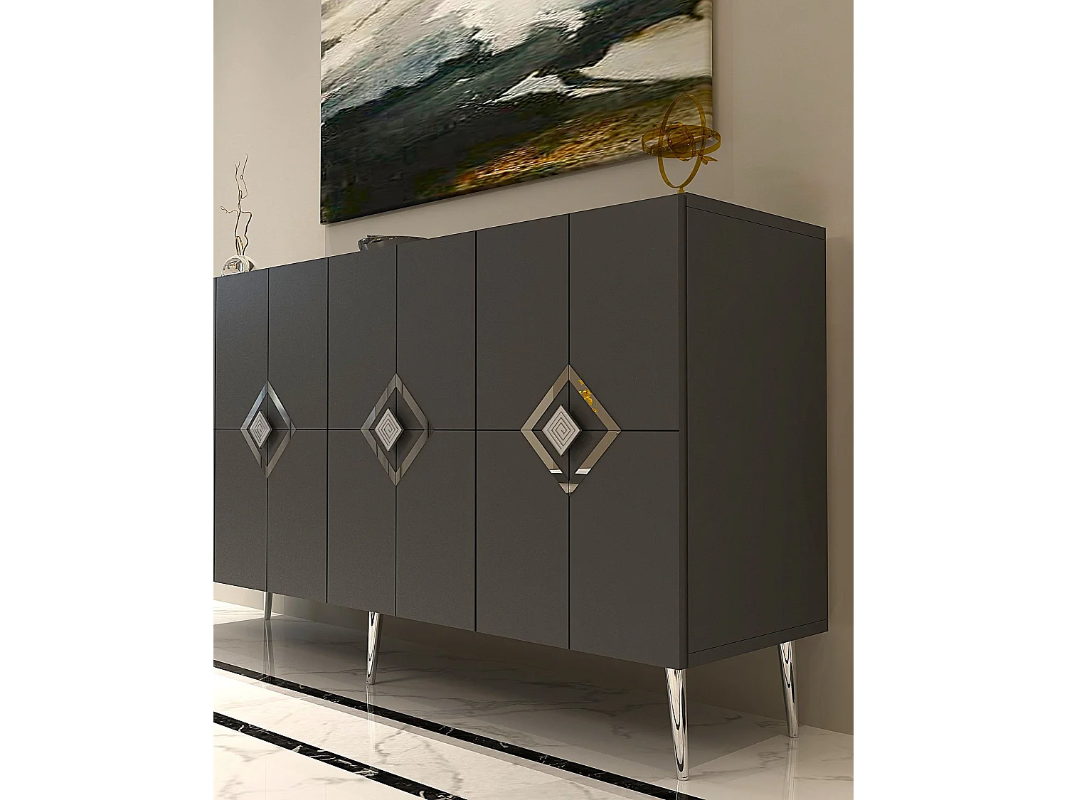 Komoda – 150 cm – Antracyt i srebro – Płyta wiórowa