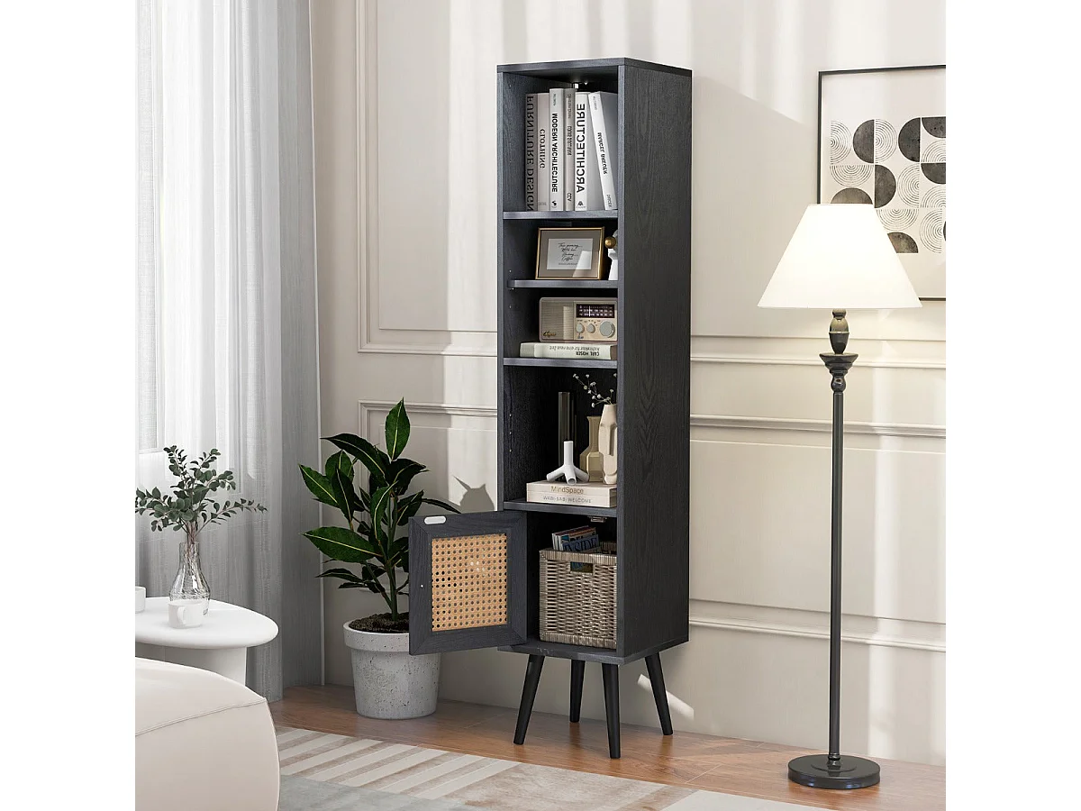 Hoge, smalle, vrijstaande rotan opbergkast met deur en verstelbare plank voor woonkamer, 29,5 x 29,5 x 137 cm, zwart