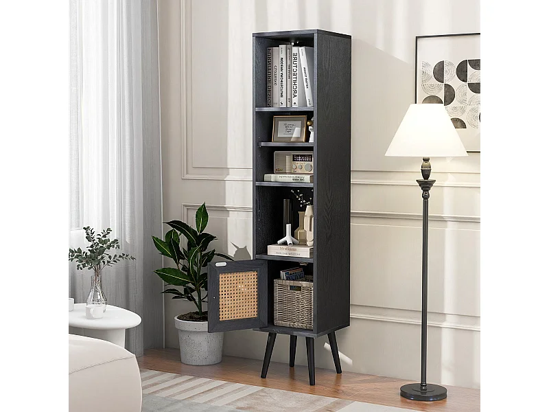 Buffet haut et étroit en rotin avec porte et étagère réglable pour salon, 29,5 x 29,5 x 137 cm, noir