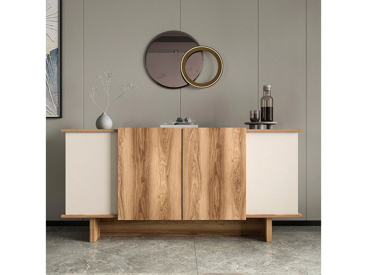 Buffet élégant – 180 x 81 x 40 cm – couleur sable et noyer – aggloméré mélaminé