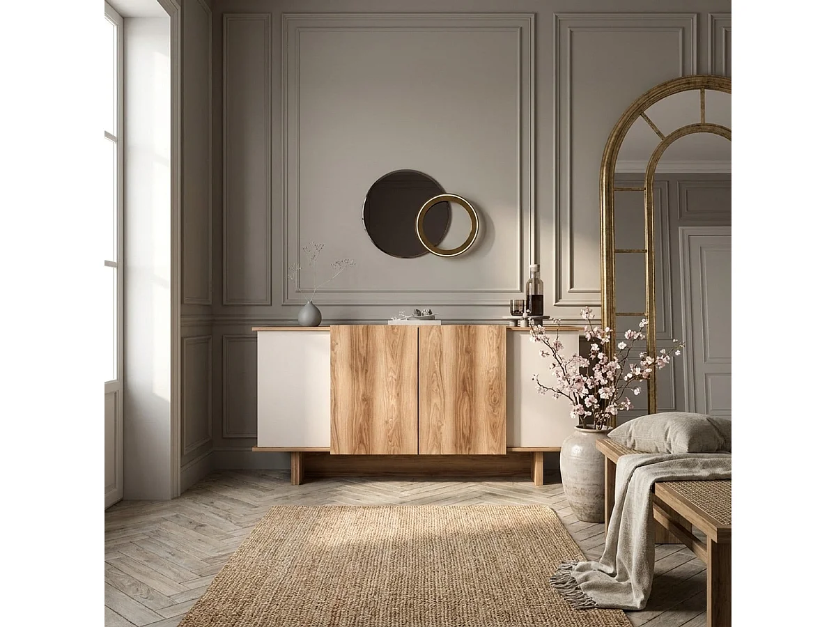 Elegantes Sideboard – 180 x 81 x 40 cm – Sand- und Walnussfarben – Melaminbeschichtete Spanplatte