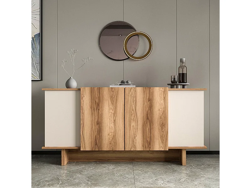 Buffet élégant – 180 x 81 x 40 cm – couleur sable et noyer – aggloméré mélaminé