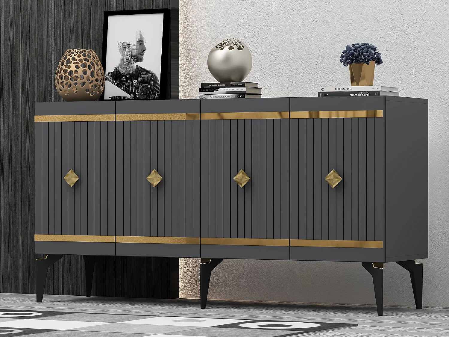 Buffet – 150 cm – Anthracite et Or – Panneau de particules mélaminé