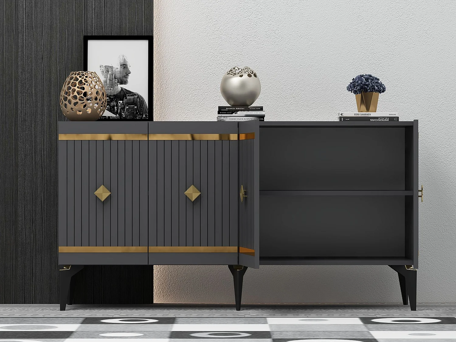 Buffet – 150 cm – Anthracite et Or – Panneau de particules mélaminé