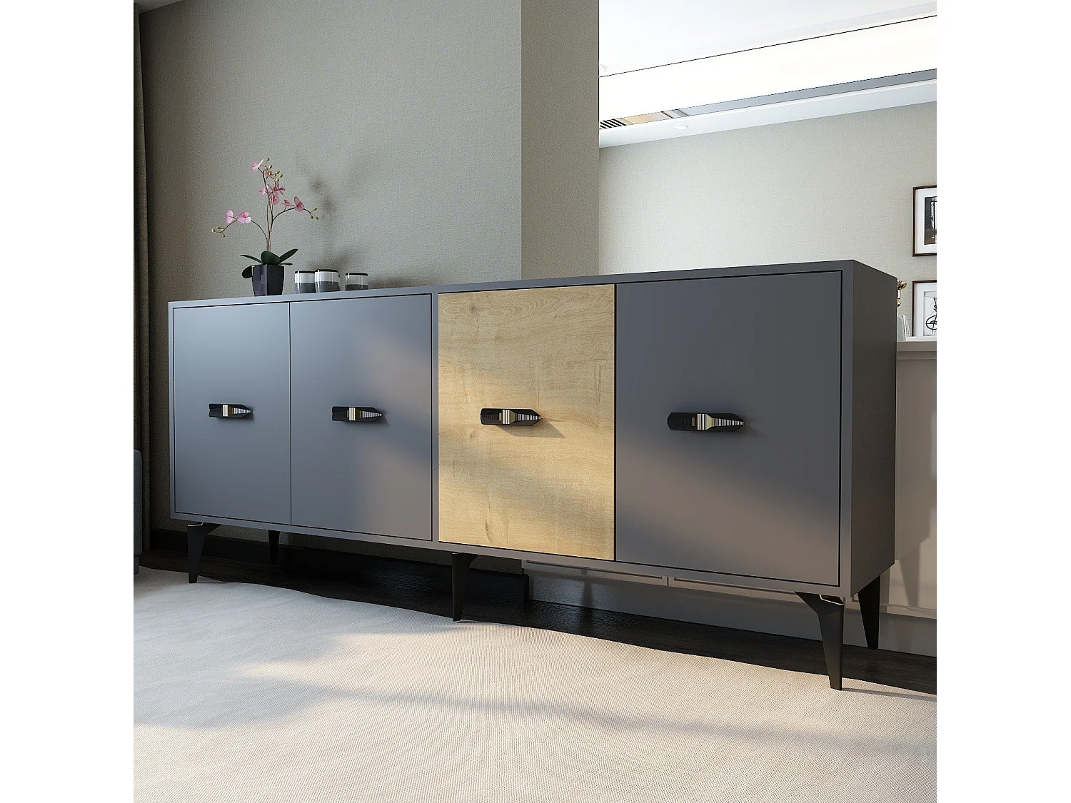 Komoda – 180 cm x 82,6 cm x 35 cm – Dąb antracytowy i szafirowy – Płyta wiórowa