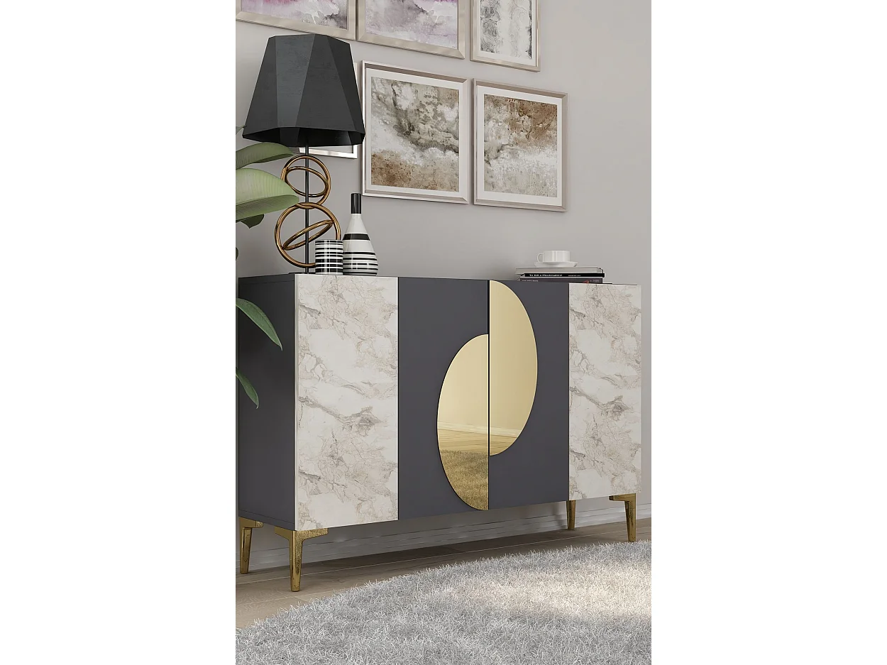 Sideboard – 120 cm – Anthrazit, Ephesus-Marmor und Gold – Melaminbeschichtete Spanplatte