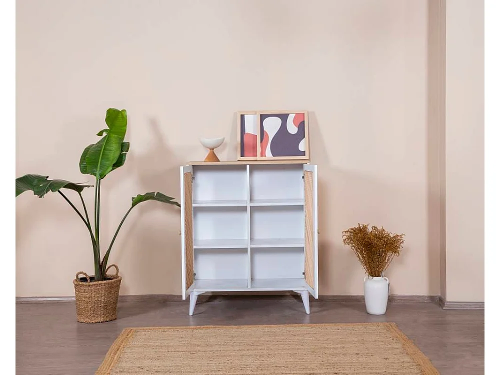 Buffet – 90 cm x 105 cm x 41 cm – Blanc et chêne – Aggloméré, MDF et pin