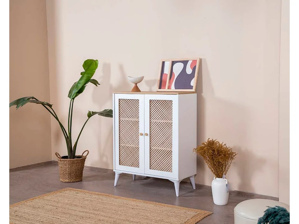 Buffet – 90 cm x 105 cm x 41 cm – Blanc et chêne – Aggloméré, MDF et pin