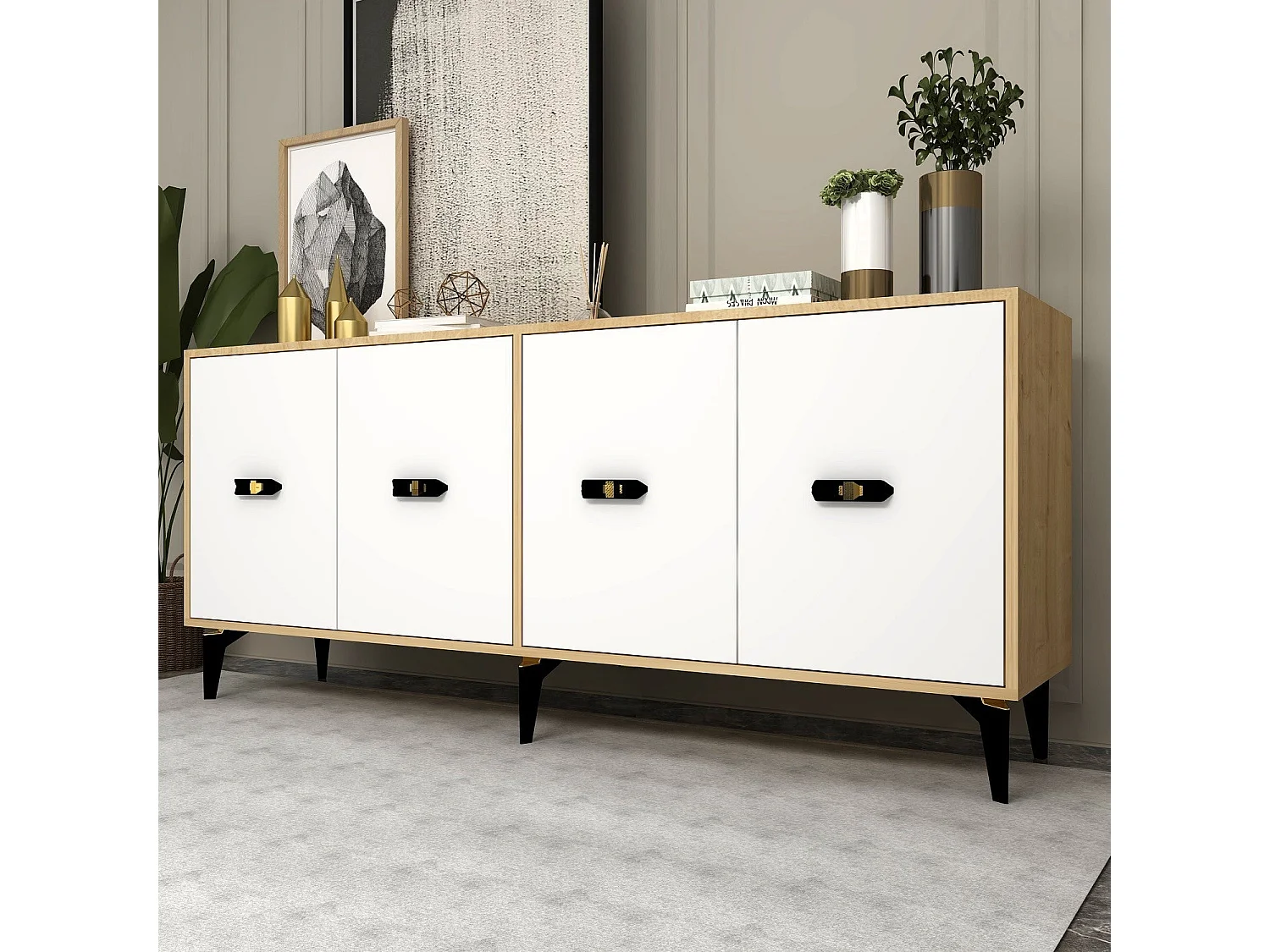 Buffet en aggloméré mélaminé – 180 cm x 82,6 cm x 35 cm – Chêne saphir et blanc