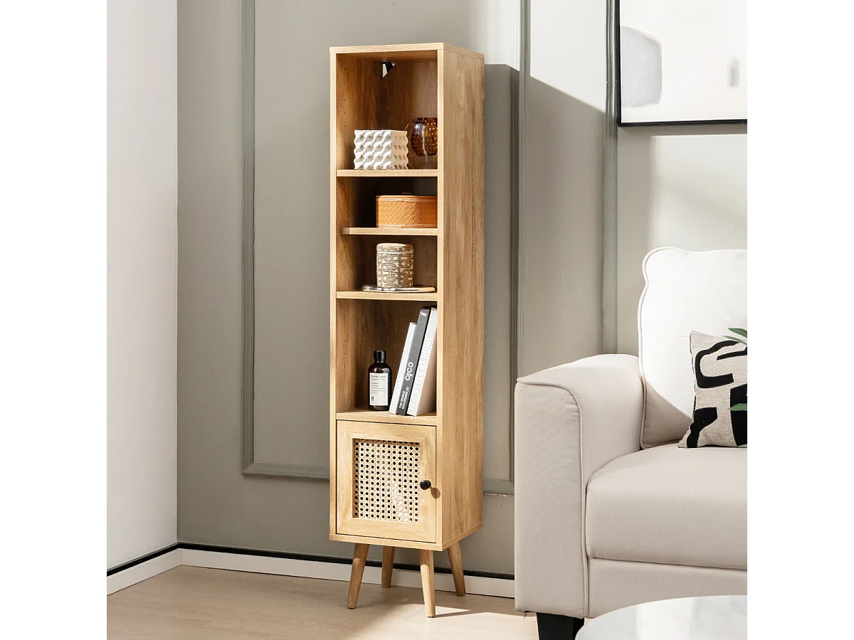 Buffet haut et étroit en osier avec étagère réglable et porte pour salon 29,5 x 29,5 x 137 cm Naturel
