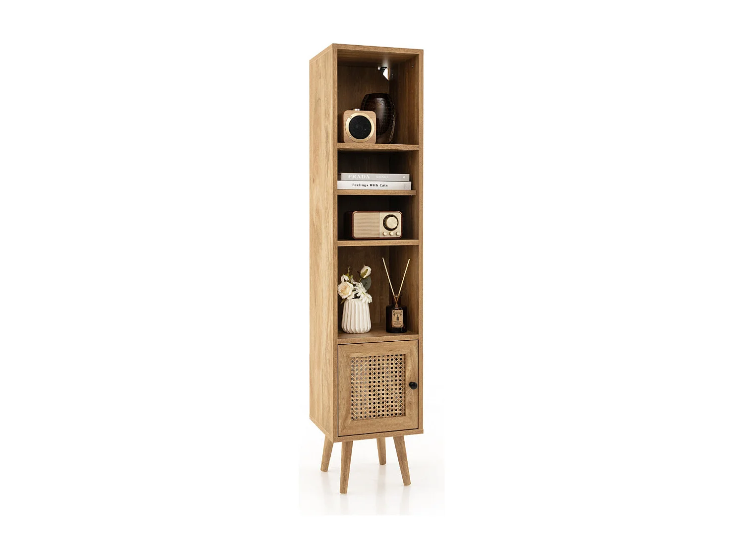 Buffet haut et étroit en osier avec étagère réglable et porte pour salon 29,5 x 29,5 x 137 cm Naturel