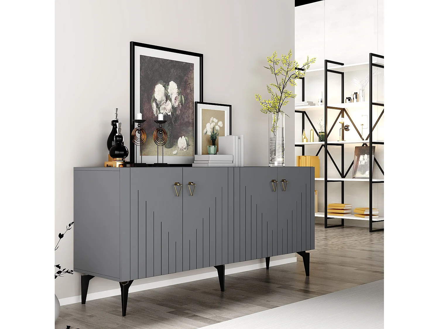 Komoda z płyty wiórowej pokrytej melaminą – 150 cm x 79 cm x 40 cm – antracyt i złoto