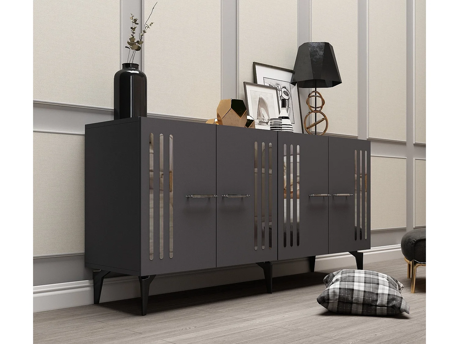 Komoda – 150 cm – Antracyt i srebro – Płyta wiórowa pokryta melaminą