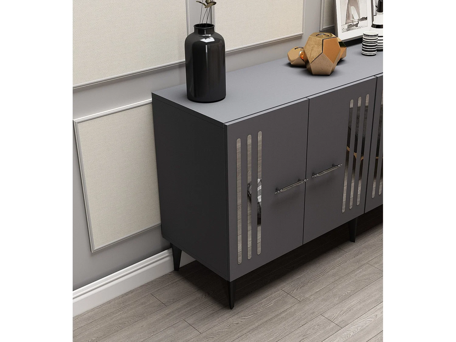 Komoda – 150 cm – Antracyt i srebro – Płyta wiórowa pokryta melaminą