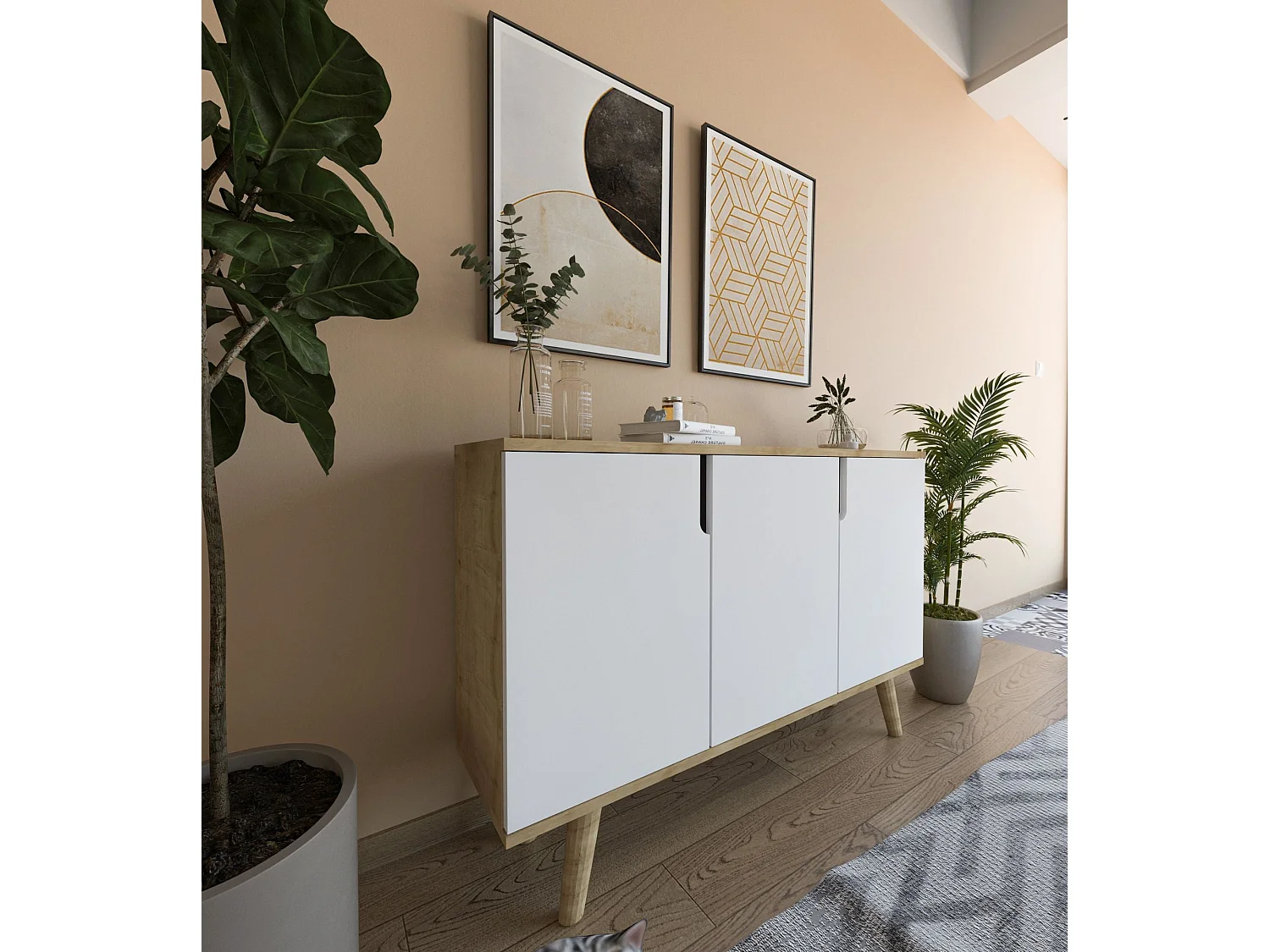 Sideboard – 120 cm – Saphireiche und Weiß – Melaminbeschichtete Spanplatte