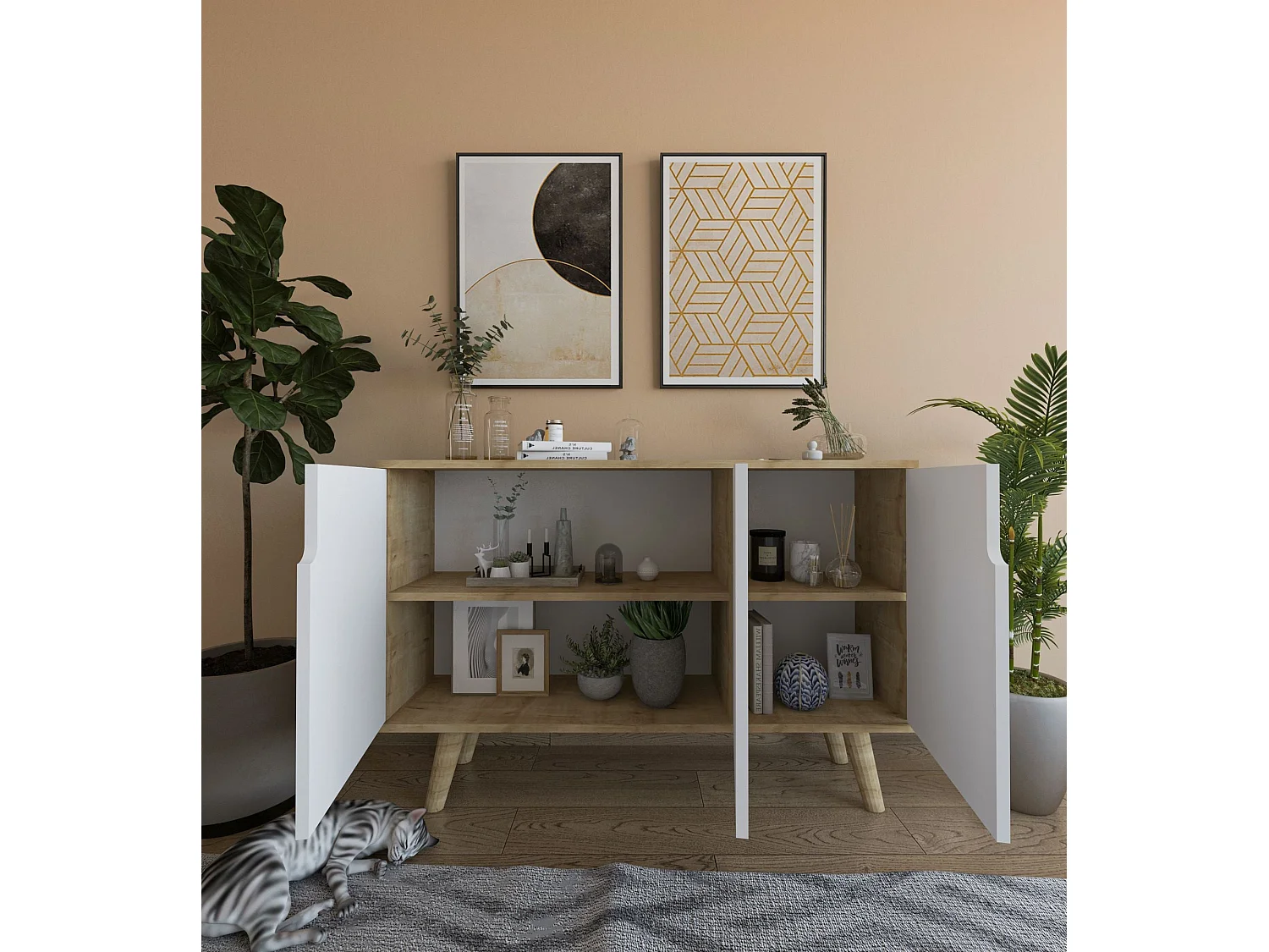 Sideboard – 120 cm – Saphireiche und Weiß – Melaminbeschichtete Spanplatte