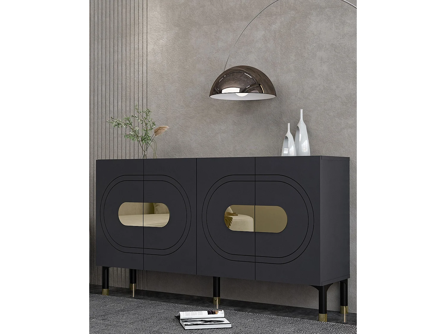 Buffet – 150 cm – Anthracite et Or – Aggloméré
