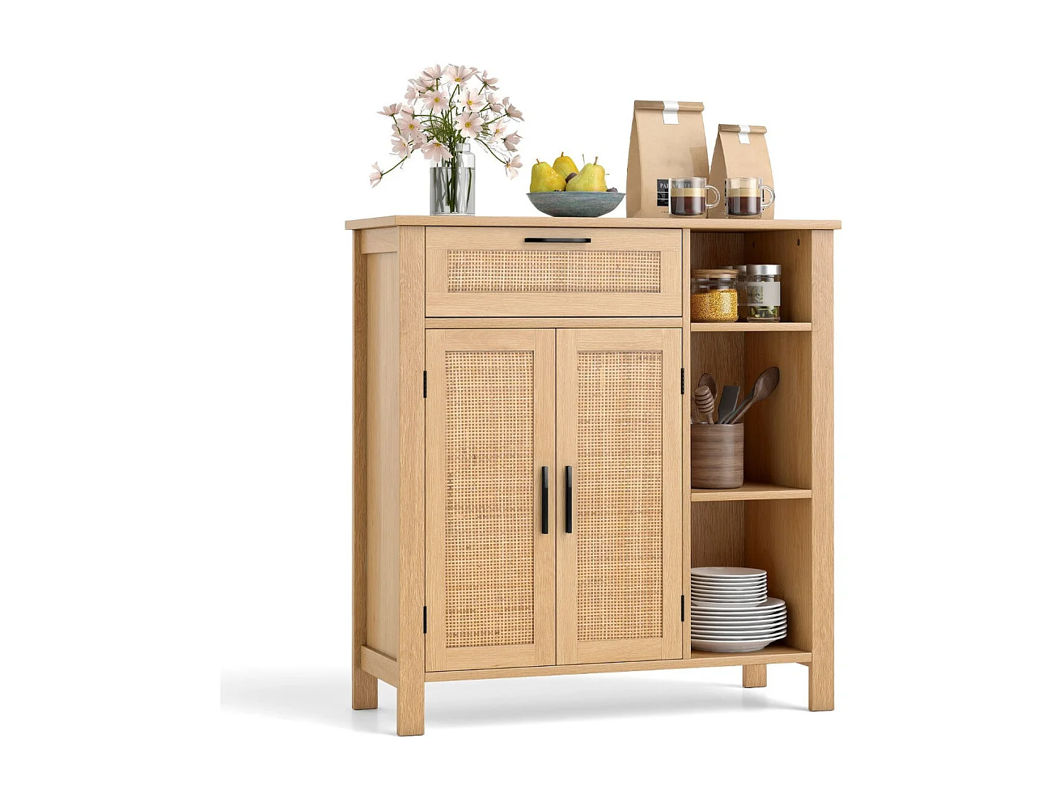 Buffetkast met verweven rotandeuren en lades, verstelbare plank en open kubussen voor keuken/woonkamer, 75 x 30 x 80 cm, natuurlijk