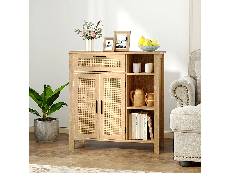 Buffet avec portes et tiroirs en rotin tressé, étagère réglable et cubes ouverts pour cuisine et salon 75 x 30 x 80 cm Naturel