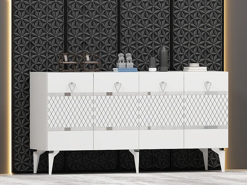 Buffet – 150 cm – Blanc et Argent – ​​Aggloméré
