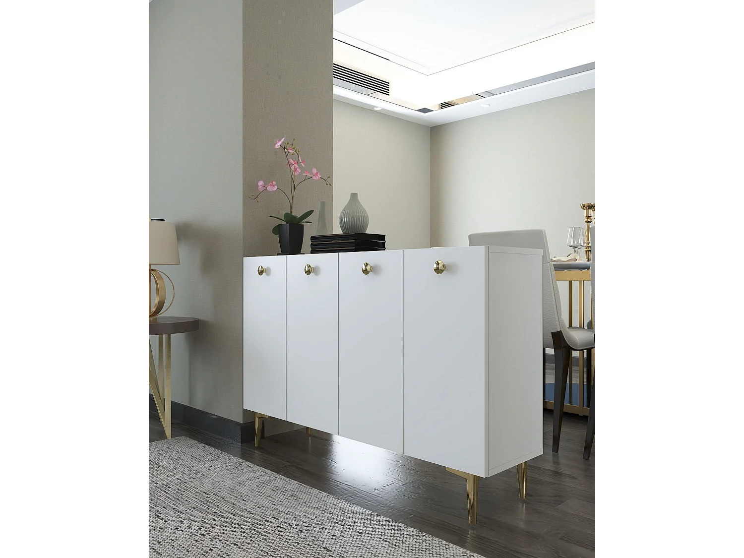 Buffet – 120 cm x 80 cm – Blanc et or – Panneau de particules mélaminé