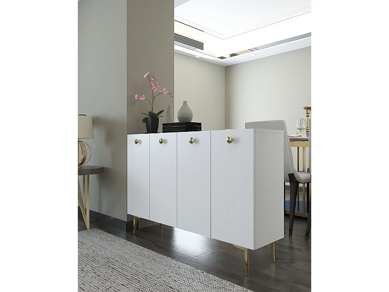Buffet – 120 cm x 80 cm – Blanc et or – Panneau de particules mélaminé