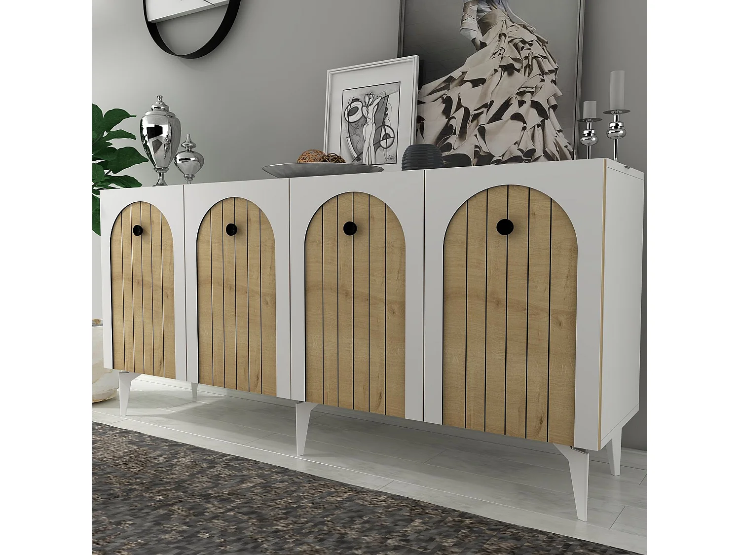 Buffet mural – 150 cm x 79 cm x 40 cm – Chêne blanc et saphir – Panneaux de particules