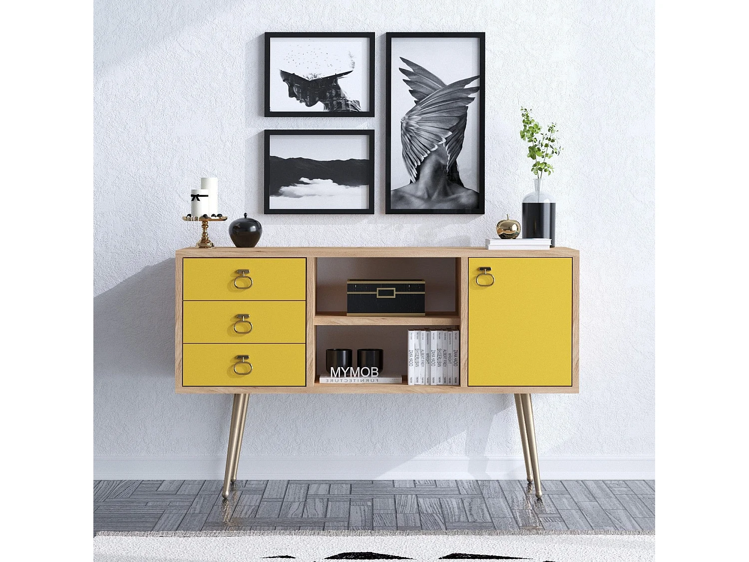 Buffet – 120 cm x 40 cm x 80 cm – Chêne et jaune – Panneau de particules mélaminé