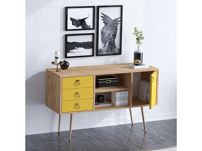 Buffet – 120 cm x 40 cm x 80 cm – Chêne et jaune – Panneau de particules mélaminé