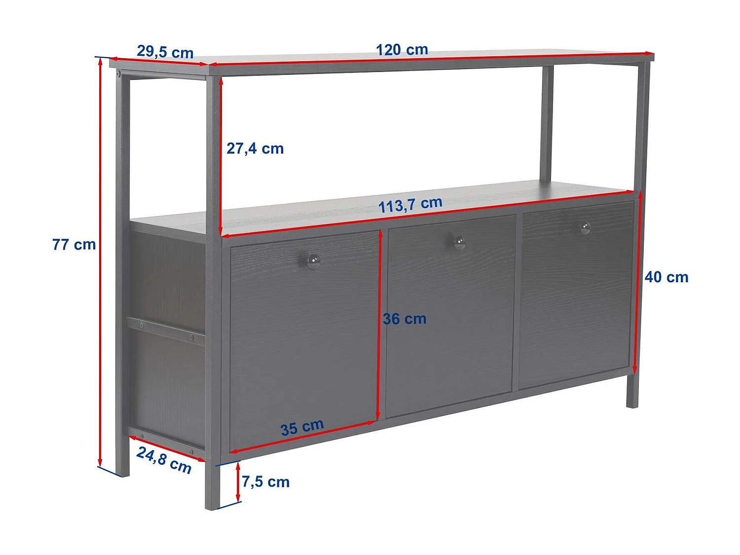 Elegante credenza, pino atlantico e nero, 120 x 77 x 29,5 cm | Rivestimento in melamina al 100%, verniciatura a polvere elettrostatica, profilo in met
