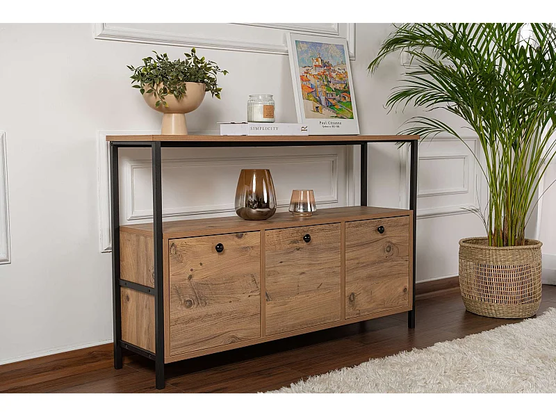 Elegant dressoir, Atlantisch grenen en zwart, 120 x 77 x 29,5 cm | 100% melamine coating, elektrostatische poedercoating, duurzaam metalen profiel | M