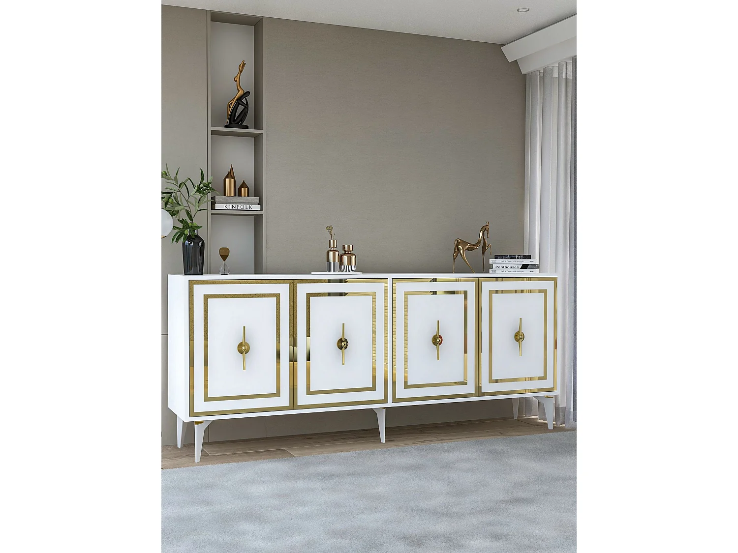 Dressoir – 180 cm x 78,6 cm x 35 cm – Wit en goud – Spaanplaat