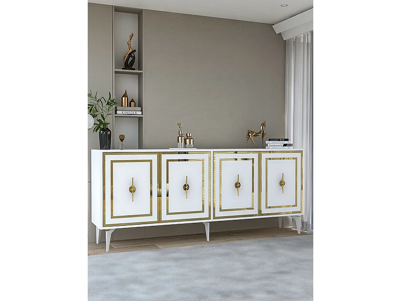 Sideboard – 180 cm x 78,6 cm x 35 cm – Weiß und Gold – Spanplatte