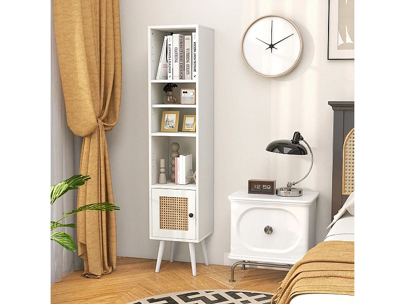 Buffet haut et étroit en rotin avec porte et étagère réglable pour salon, 29,5 x 29,5 x 137 cm, blanc
