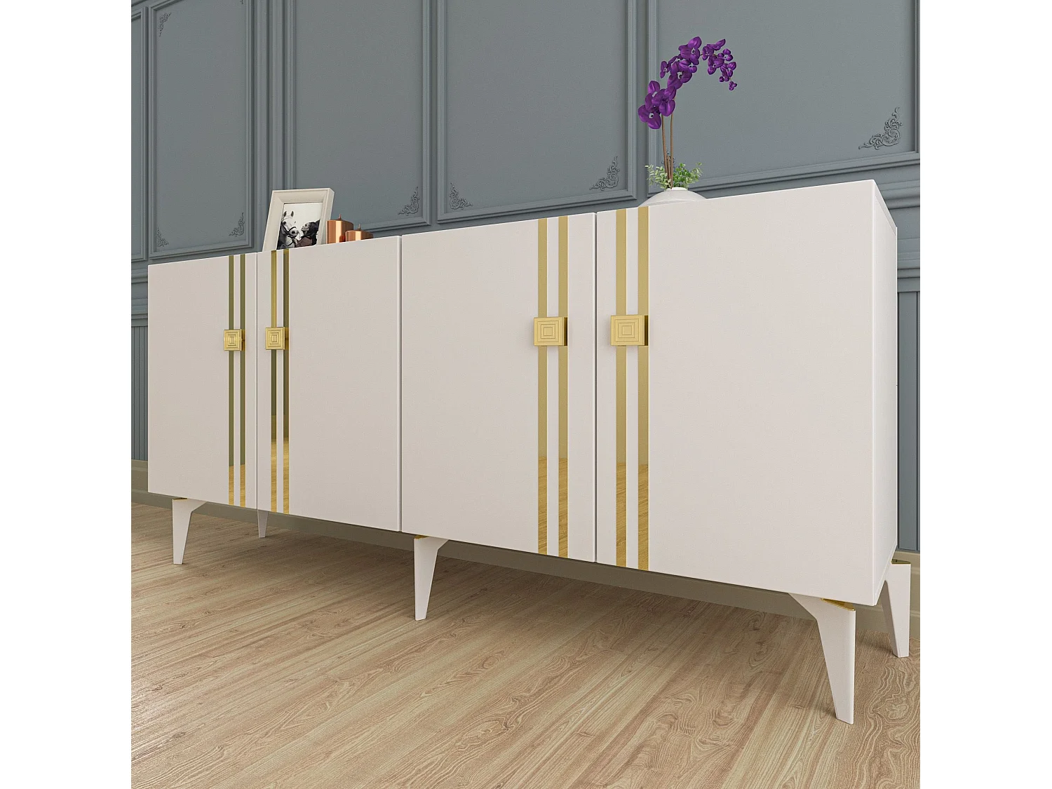 Buffet – 150 cm de large – 80 cm de haut – Blanc – Panneaux de particules