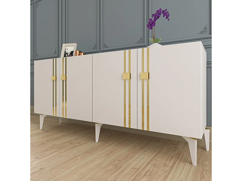 Buffet – 150 cm de large – 80 cm de haut – Blanc – Panneaux de particules