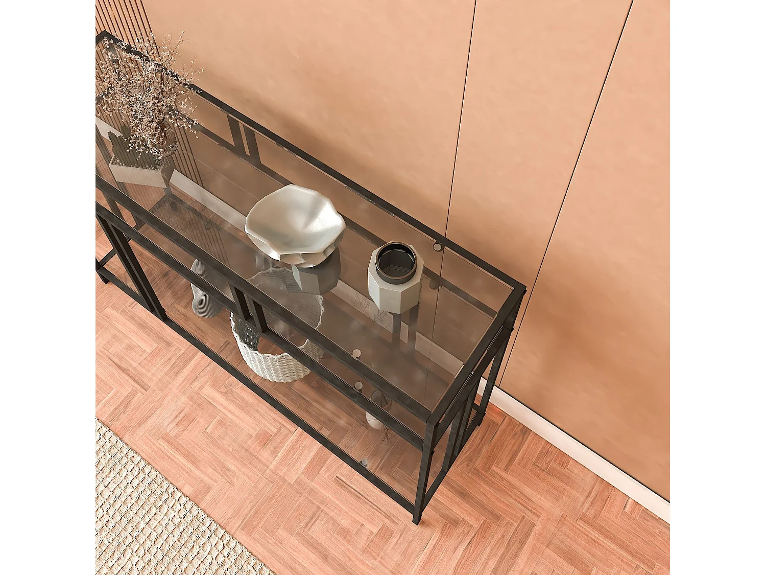 Dressoir – 100 cm x 30 cm x 78 cm – Zwart en rook – Gehard glas en metaal