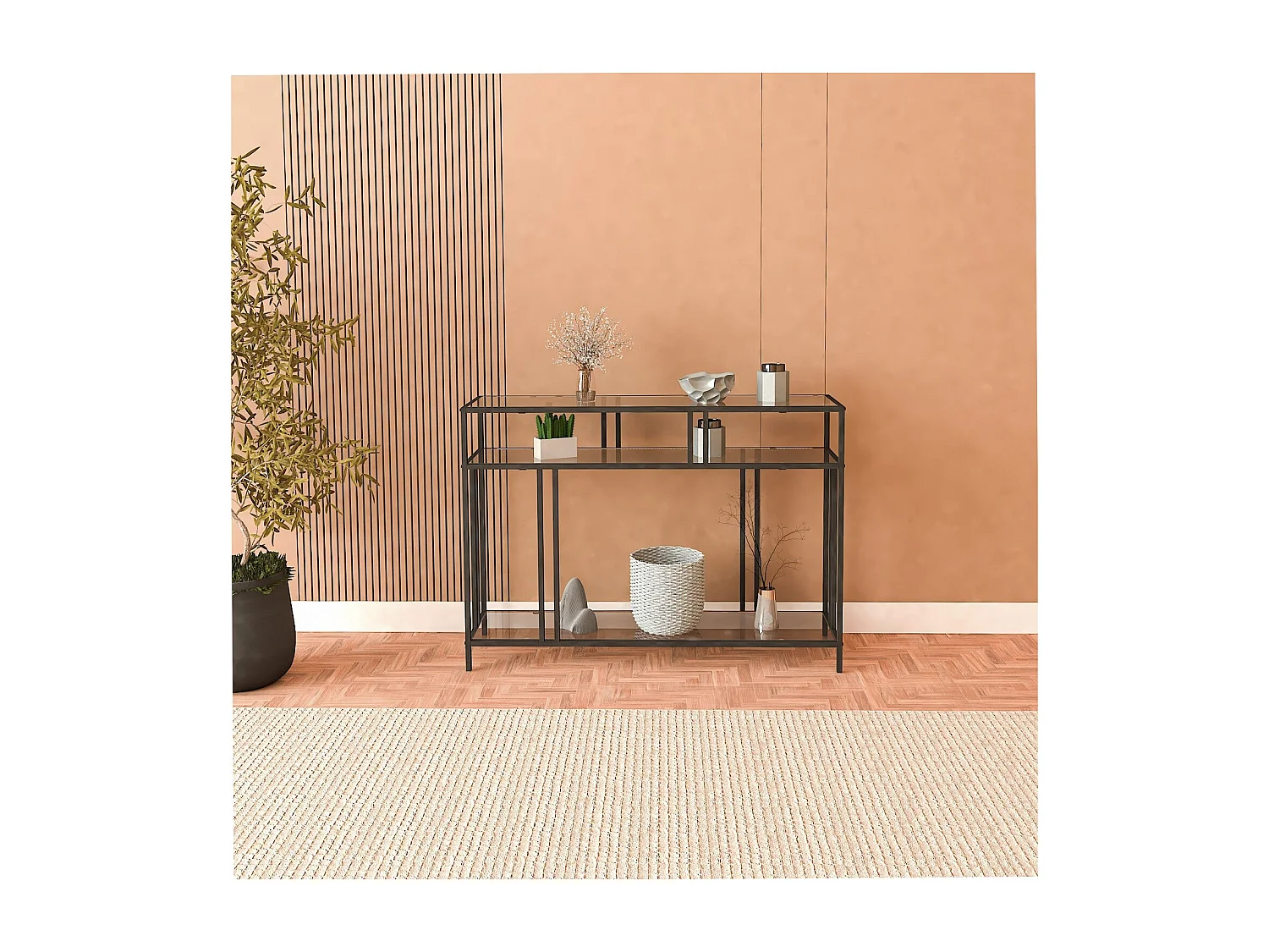 Dressoir – 100 cm x 30 cm x 78 cm – Zwart en rook – Gehard glas en metaal