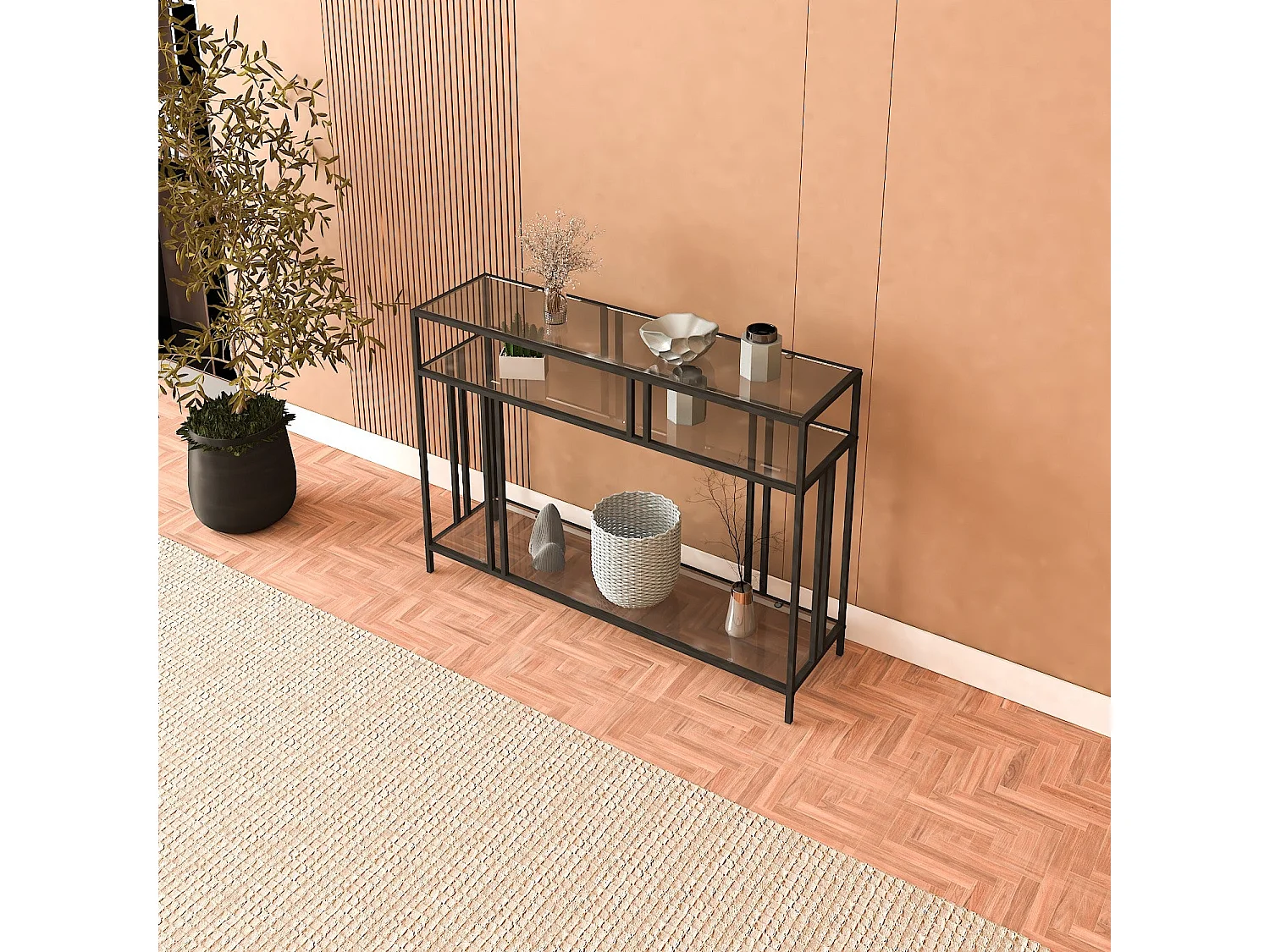 Dressoir – 100 cm x 30 cm x 78 cm – Zwart en rook – Gehard glas en metaal