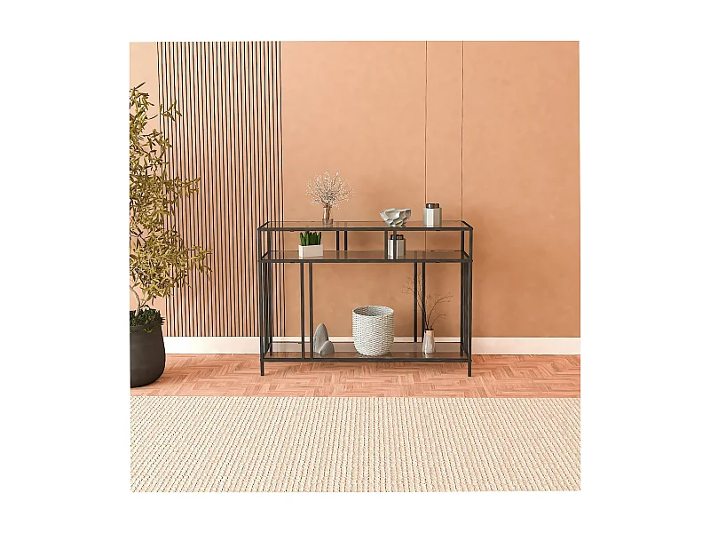 Dressoir – 100 cm x 30 cm x 78 cm – Zwart en rook – Gehard glas en metaal