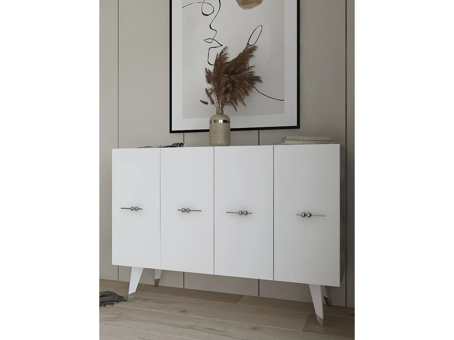 Dressoir – 120 cm x 80 cm x 29,6 cm – Zilver en wit – Spaanplaat