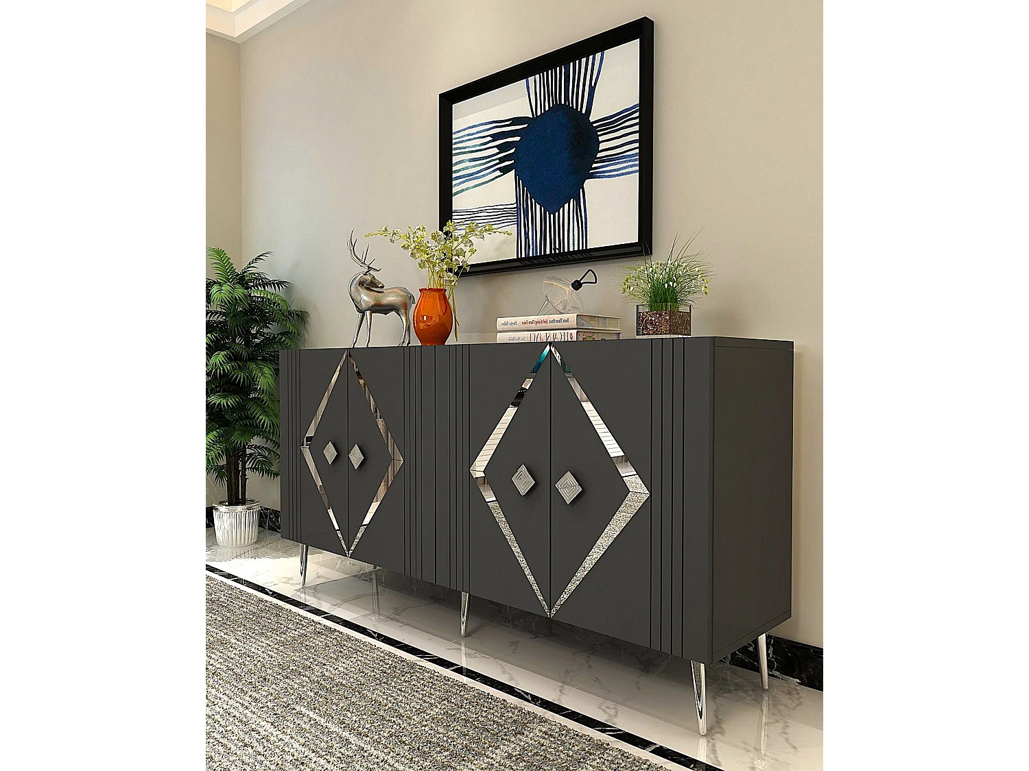 Buffet – 150 cm – Anthracite et Argent – ​​Panneau de particules mélaminé