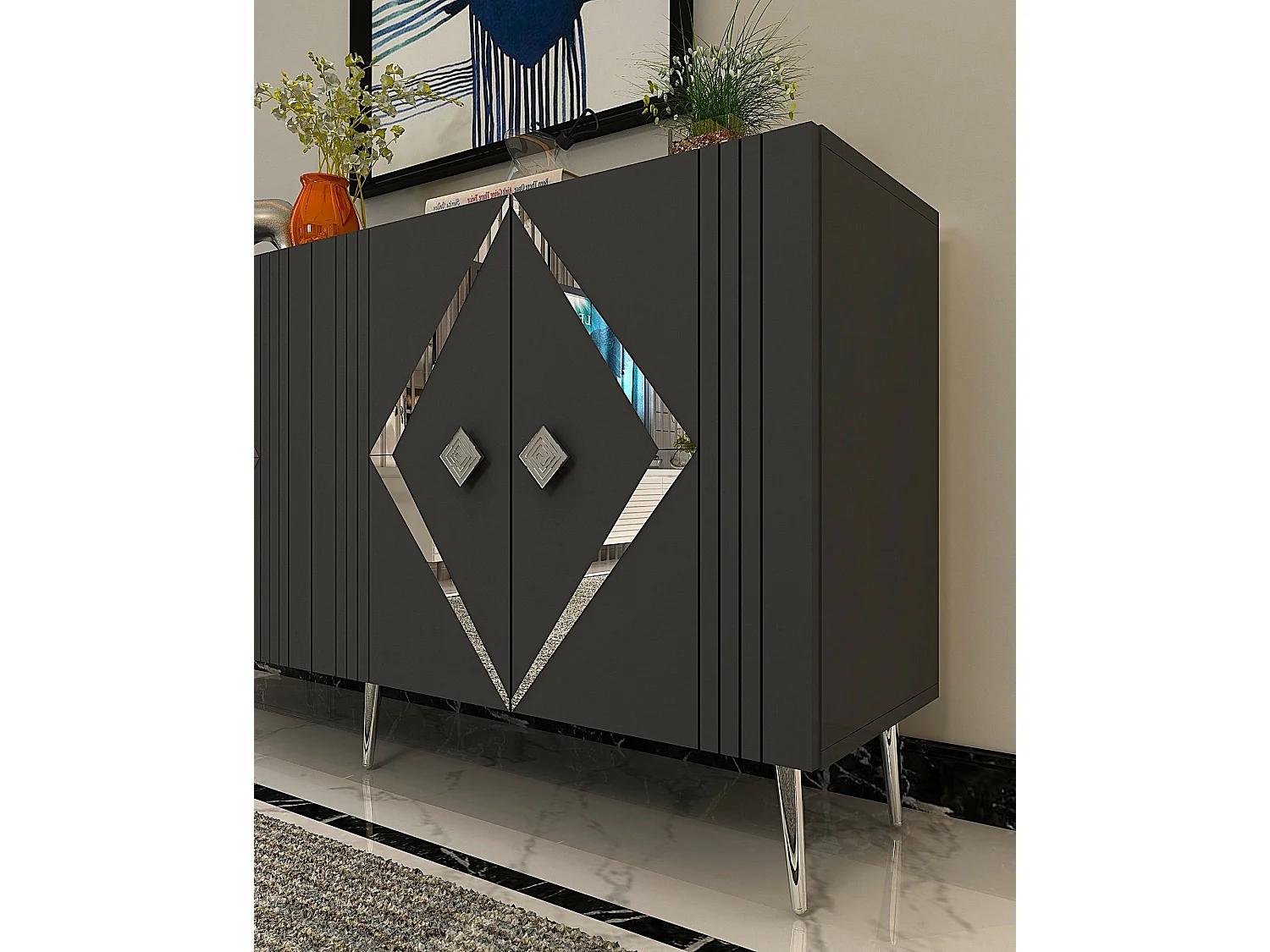 Buffet – 150 cm – Anthracite et Argent – ​​Panneau de particules mélaminé