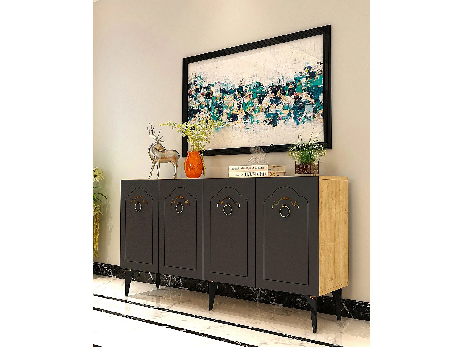 Buffet – 150 cm x 75 cm x 35 cm – Chêne Saphir et Anthracite – Mélamine